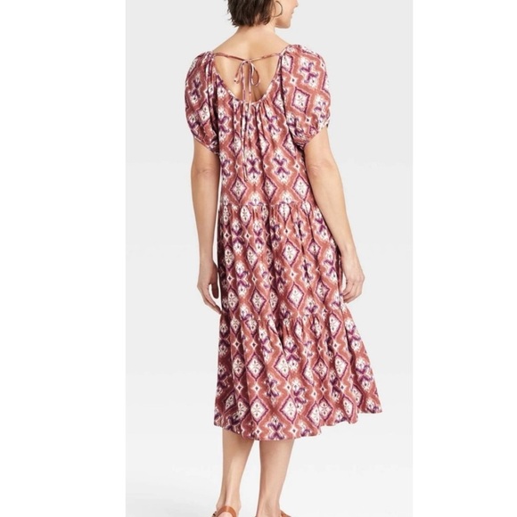 Knox Rose Rust Purple Ikat Puff Sleeve Tiered Midi Dress Pockets Tie Back Size L - Picture 12 of 13